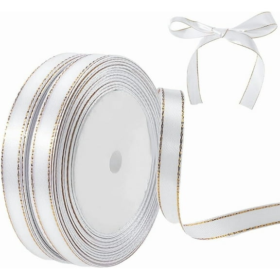 Gold Edged Polyester Ribbon White 3/8 inch(10mm) about 24.06 Yards(22m)/Roll