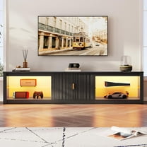 Bestier 80 inch TV Stand for TVs up to 85", High Gloss Entertainment Center with LED Lights & Storage Cabinet, Modern Fluted TV Console, Black