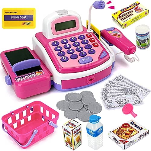 Registradora juguete rosa Liberty Imports - Juguete compras niños, aprender y jugar micrófono, escáner, calculadora, comida, dinero falso y canasta