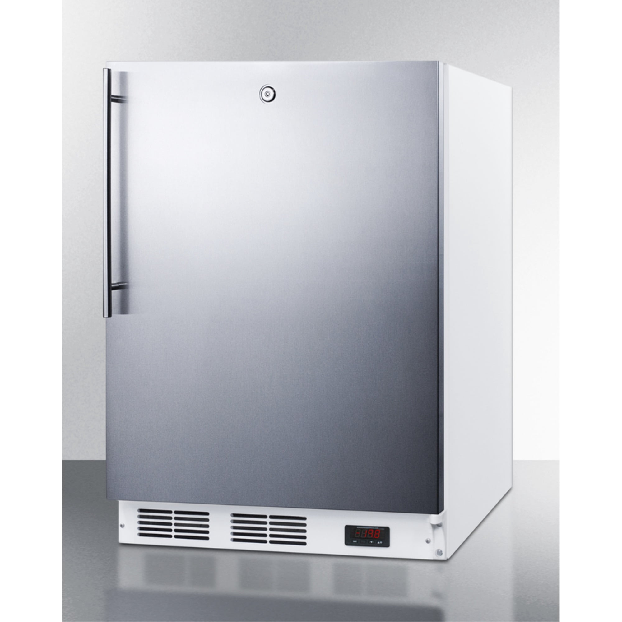 ADA compliant built-in medical all-freezer capable of -25 C operation, with lock, stainless steel door, thin handle, and white cabinet