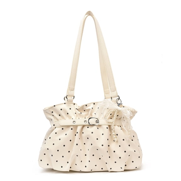 Women PU Leather Ruched Polka Dot Tote Bag Large Capacity Shoulder Handbag with Metal Buckle for Travel (Beige)