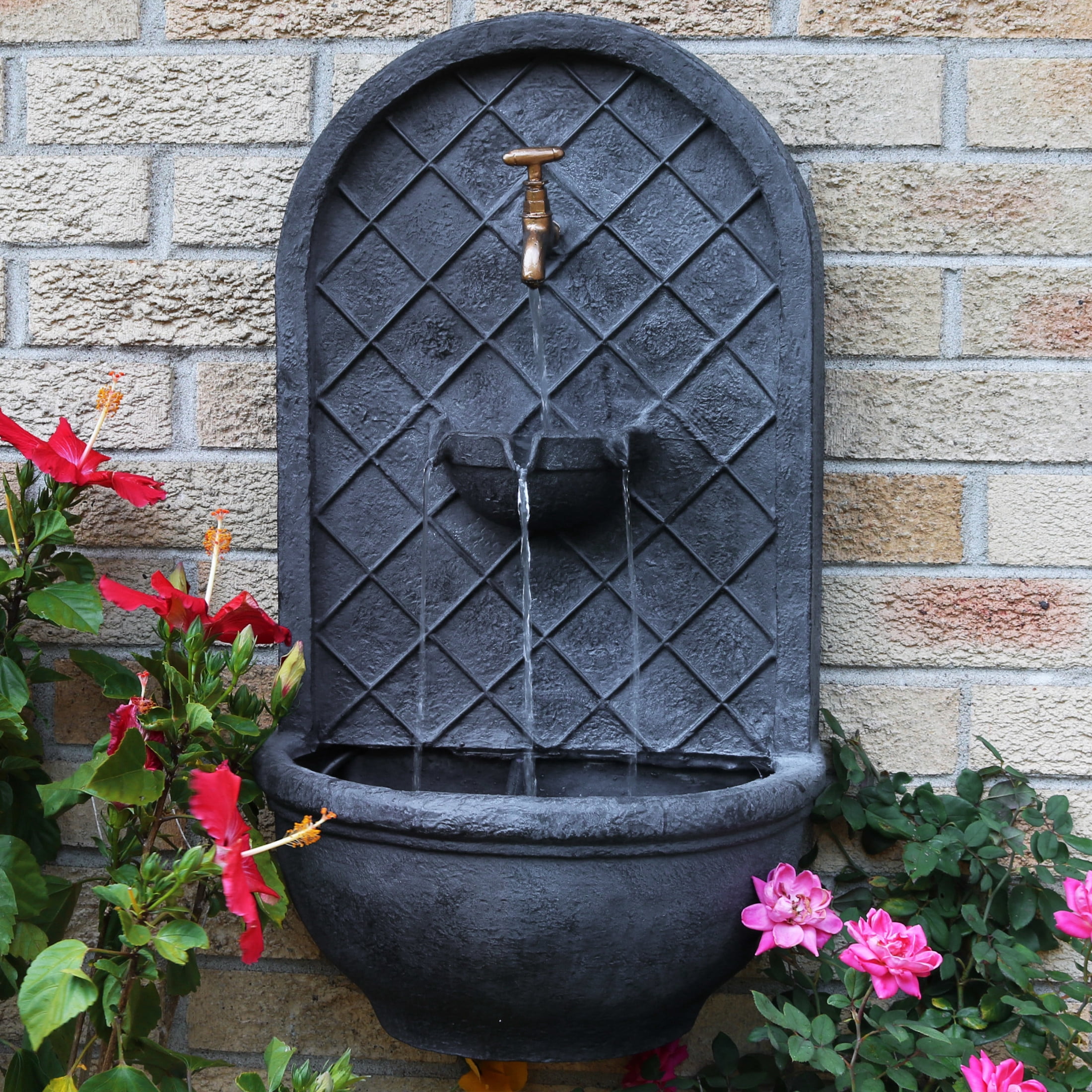 Sunnydaze Messina Polystone Outdoor Wall Fountain, Lead Finish