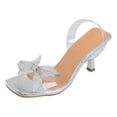 thumbnail image 1 of Adult Women Sandal Leather Sandals Women Ladies High Heel Sandals Transparent Strap Bow Rhinestone Square Toe Fine High Heel Sandals Female Sandal(Silver,7), 1 of 7