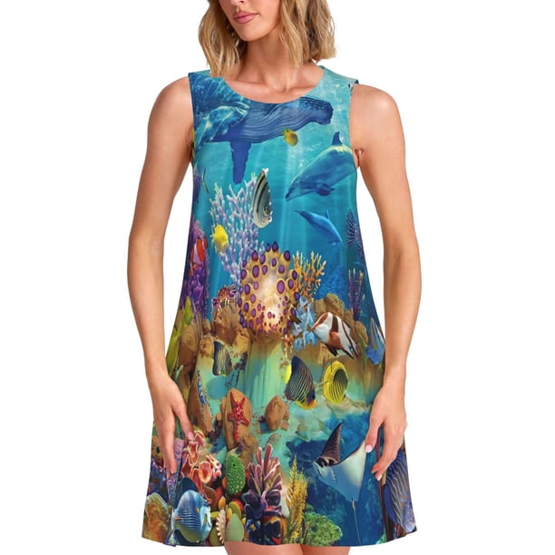 Fotbe Sea World Vestido de Verano sin Mangas para Mujer – Vestido Midi Línea A, Estilo Camiseta Floral, Vestido Playero Casual y Fluido