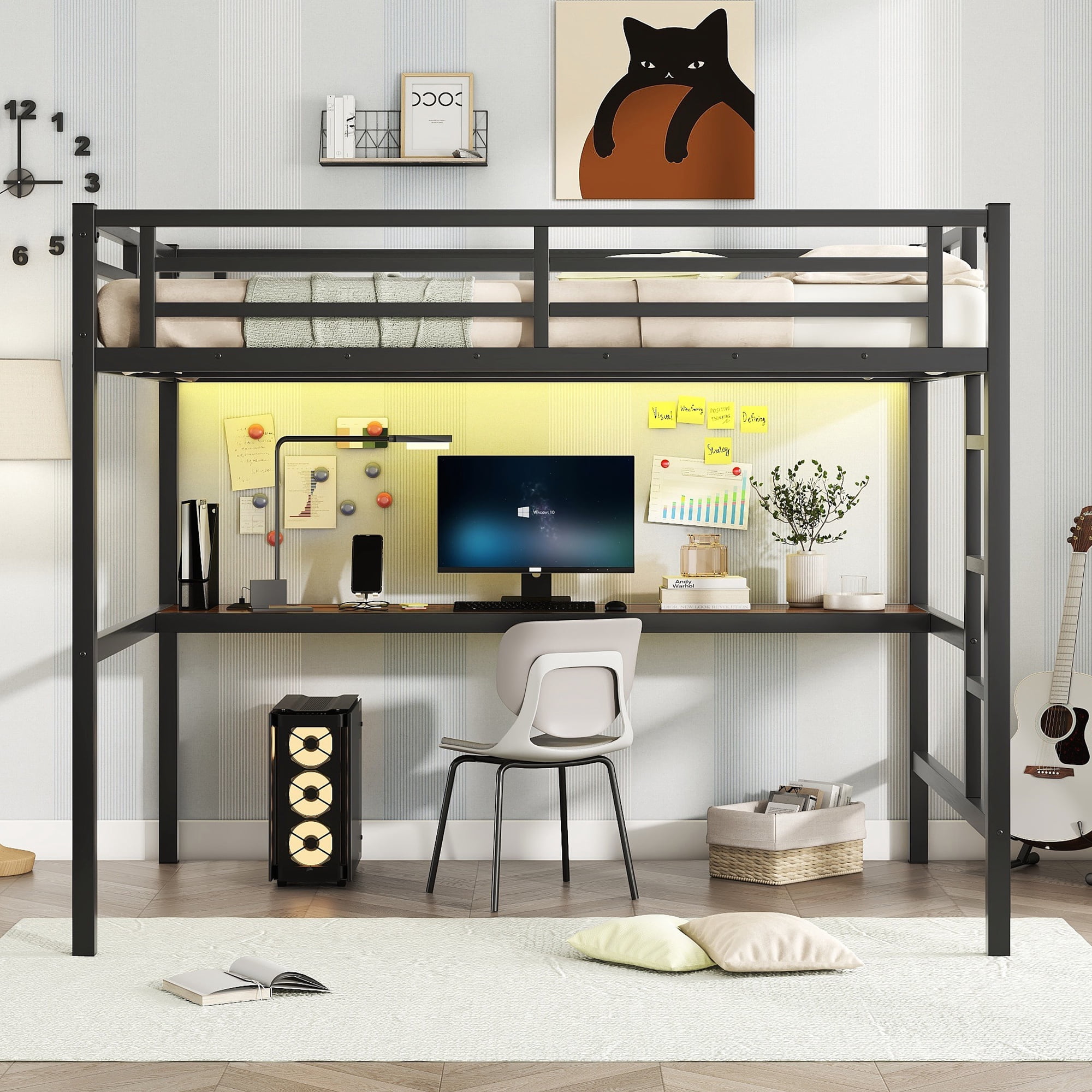 Leumius Full Size Loft Bed,Metal Bed Frame with Power Outlet and LED Lighted,Space-Saving, Noise Reduced, Black