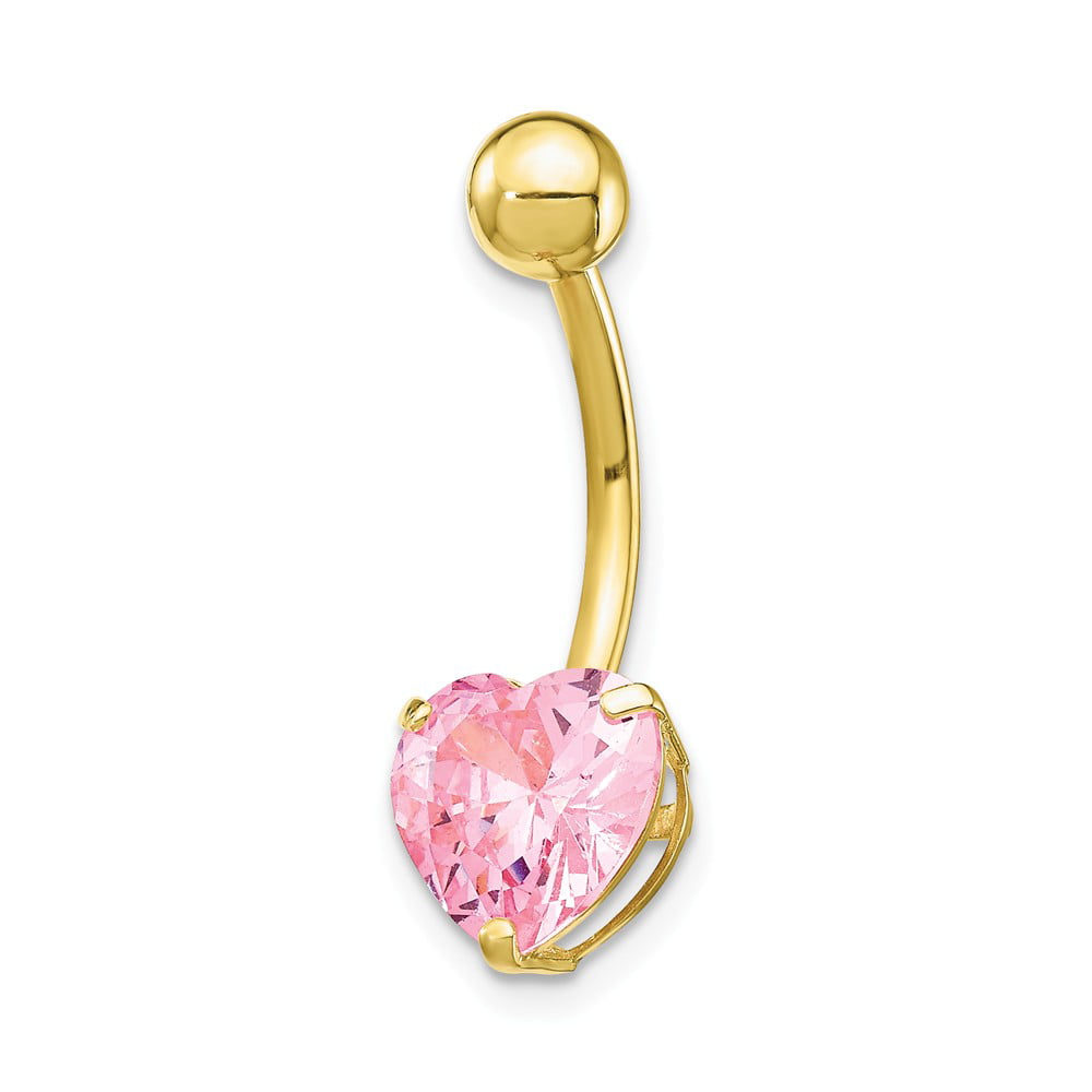 w388 Heart Pink Gem Dangle Belly Ring Navel Naval Paved Cubic Zirconia
