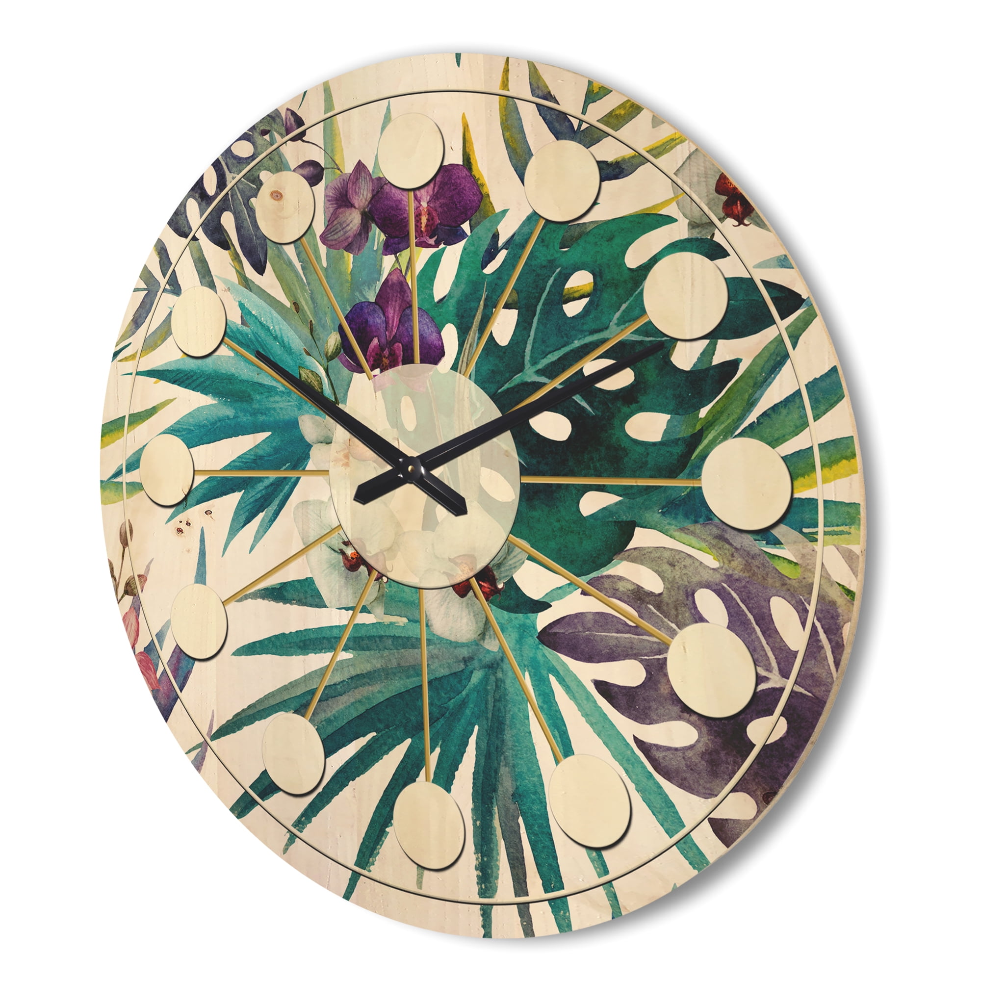 Designart 'Floral Botanical Design Retro II' Mid-Century Modern Wood Wall Clock