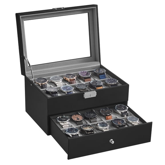 SONGMICS Watch Box, Watch Case with Glass Lid, 2-Tier Watch Display Case, Lockable, 1 Drawer, for Rings, Bracelets, Gift Idea, Grey Lining