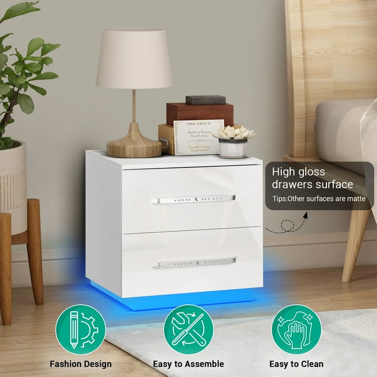 Hommpa High Gloss 2 Drawers Nightstand with LED Light White