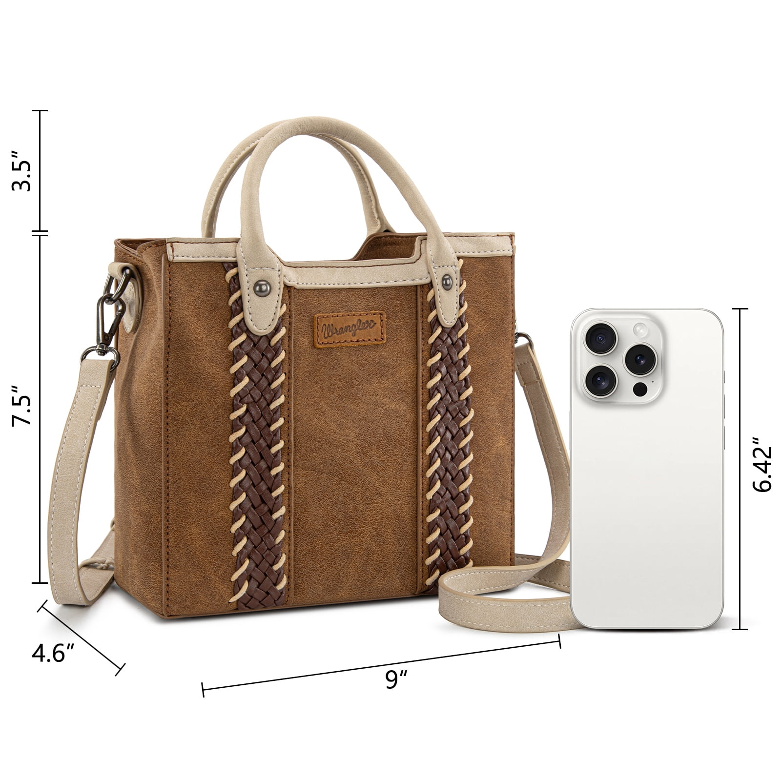 Wrangler Womens Braided Tote Bag Western Style Suede Top Handle Handbag With Detachable Crossbody Strap, Brown