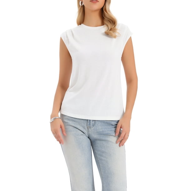 Top casual para mujer con manga corta, cuello redondo, frente plisado, camiseta básica de punto de verano L blanca
