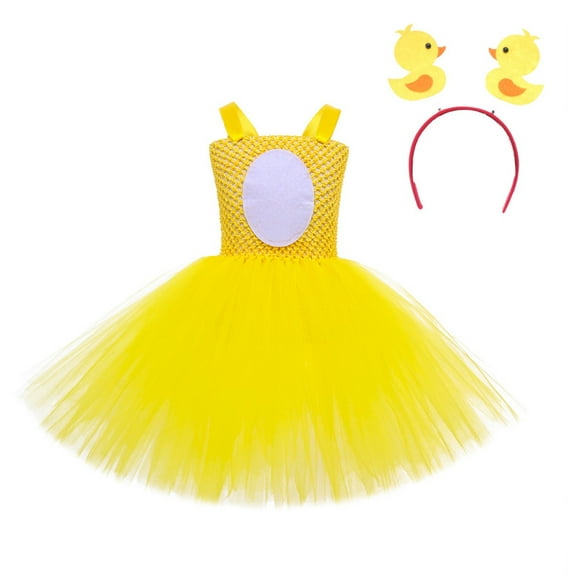 Toimothcn Toddler Baby Girls Outfit Sets Sleeveless Happy Easter Cartoon Egg Duck Shaped Mesh Tulle Dress With Hairbands Dress Up Stage Performance Outfit Sets Funny Festival Show Clothes Sets
