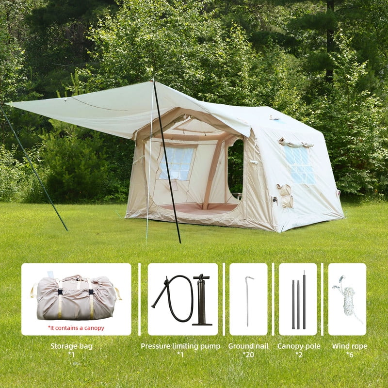 4-6 Person Inflatable Camping Tents with Canopy & Stove Jack, Easy Setup Blow Up Tent with Hand Pump, 4 Season Tent with Doors & Windows, Waterproof Oxford Air Glamping Tents for Outdoor