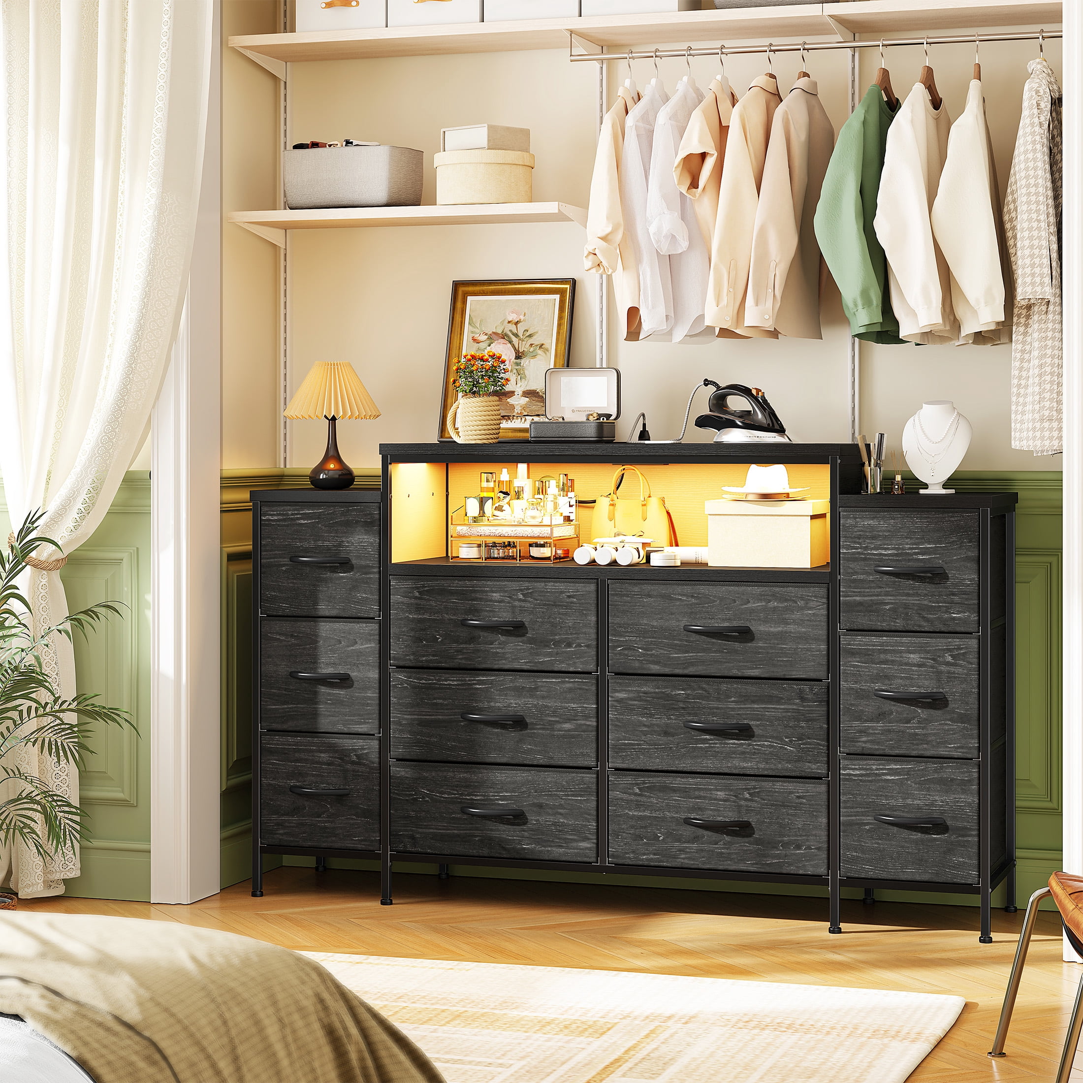 EnHomee 55" W Black Dressers for Bedroom with LED Lights & Charging Station 12 Drawer Fabric Dressers,11.8"D x 33.5"H
