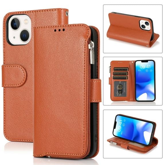 SaniMore iPhone 14 6.1" 2022 Case with Wrist Strap 2 in 1 Zipper Wallet [Card Slots] Premium PU Leather Skin [Retro Durable] Shockproof Anti-scratch Kickstand Business Cover For iPhone 14, Brown