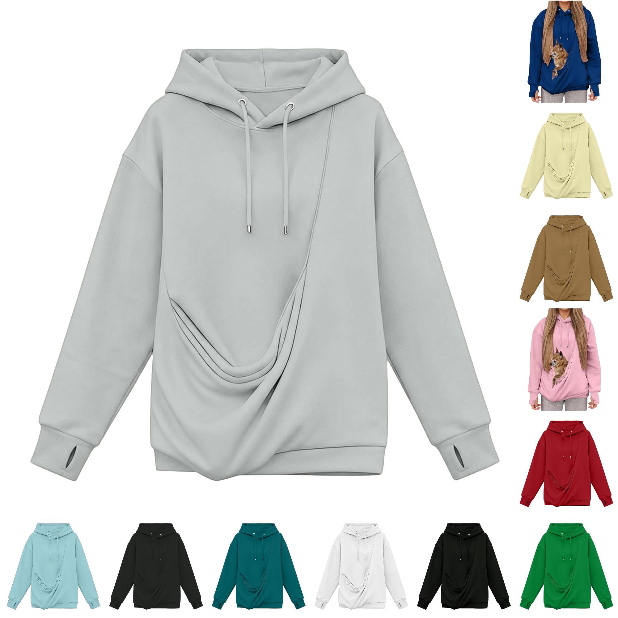 XIAOCHA Women Solid Pet Carrier Hoodie Built-In Kangaroo Pet Pouch Sweatshirt Casual Top Light Gray Sizes XXL