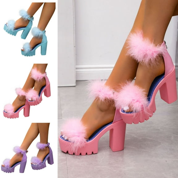 Jacenvly 2024 New Women's Block Heeled Fish Billed Sandals Fashion Furry Feather Ankle Strap High Heels Stylish Party Prom Sandals Pink Sandals for Women