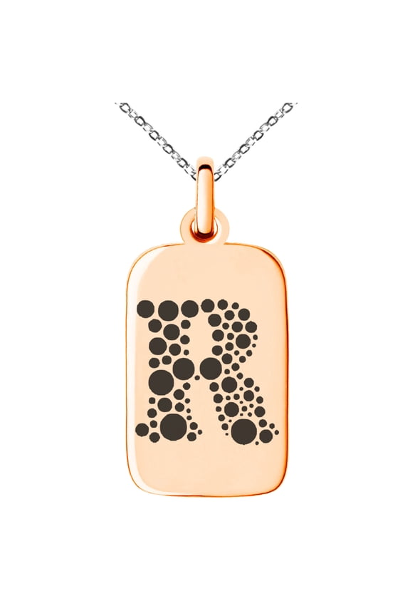 Stainless Steel Letter R Initial Dotted Monogram Engraved Small Rectangle Dog Tag Charm Pendant Necklace