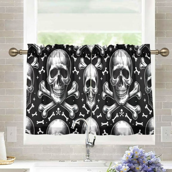 joogoo Skeletons Halloween Curtains Sets Half Window Cafe Farmhouse Tier 2 Panels Short Curtain Rod Pocket 27"W x 24"L