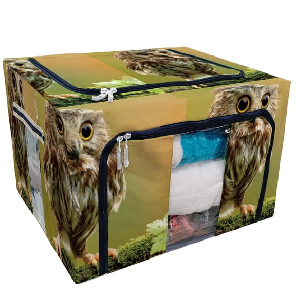 PKQWTM Close-up of a Whitefaced Owl Black and Grey Storage Bag Clear Window Storage Bins Boxes Large Capacity Foldable Stackable Organizer With Steel Metal Frame For Bedding,Clothes,Closets, Bedrooms