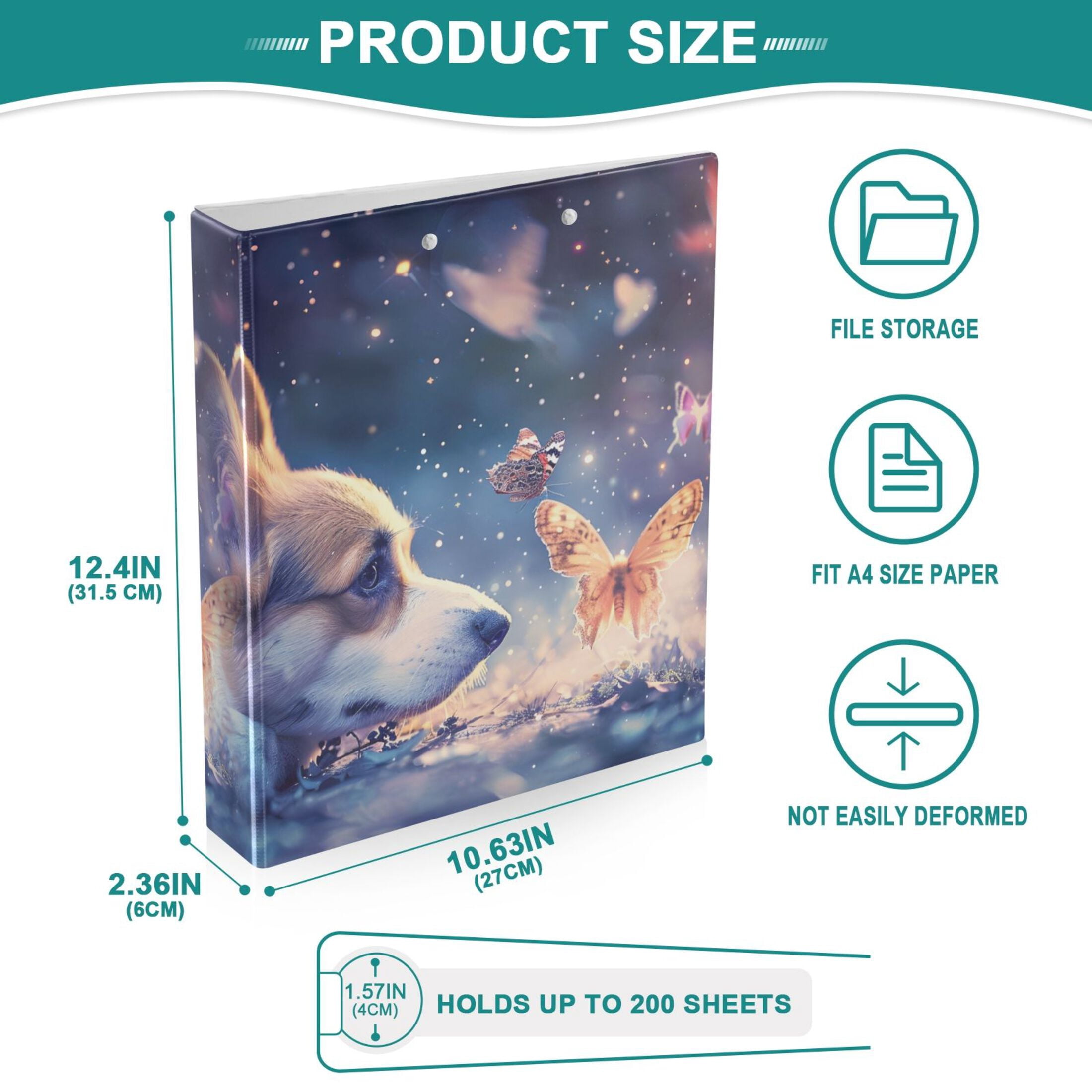 Corgi Dog Butterfly Hardcover 3 Ring Binder 1.5 inch Round Rings with Interior Pockets Binders Organizer Office School 1 Pack