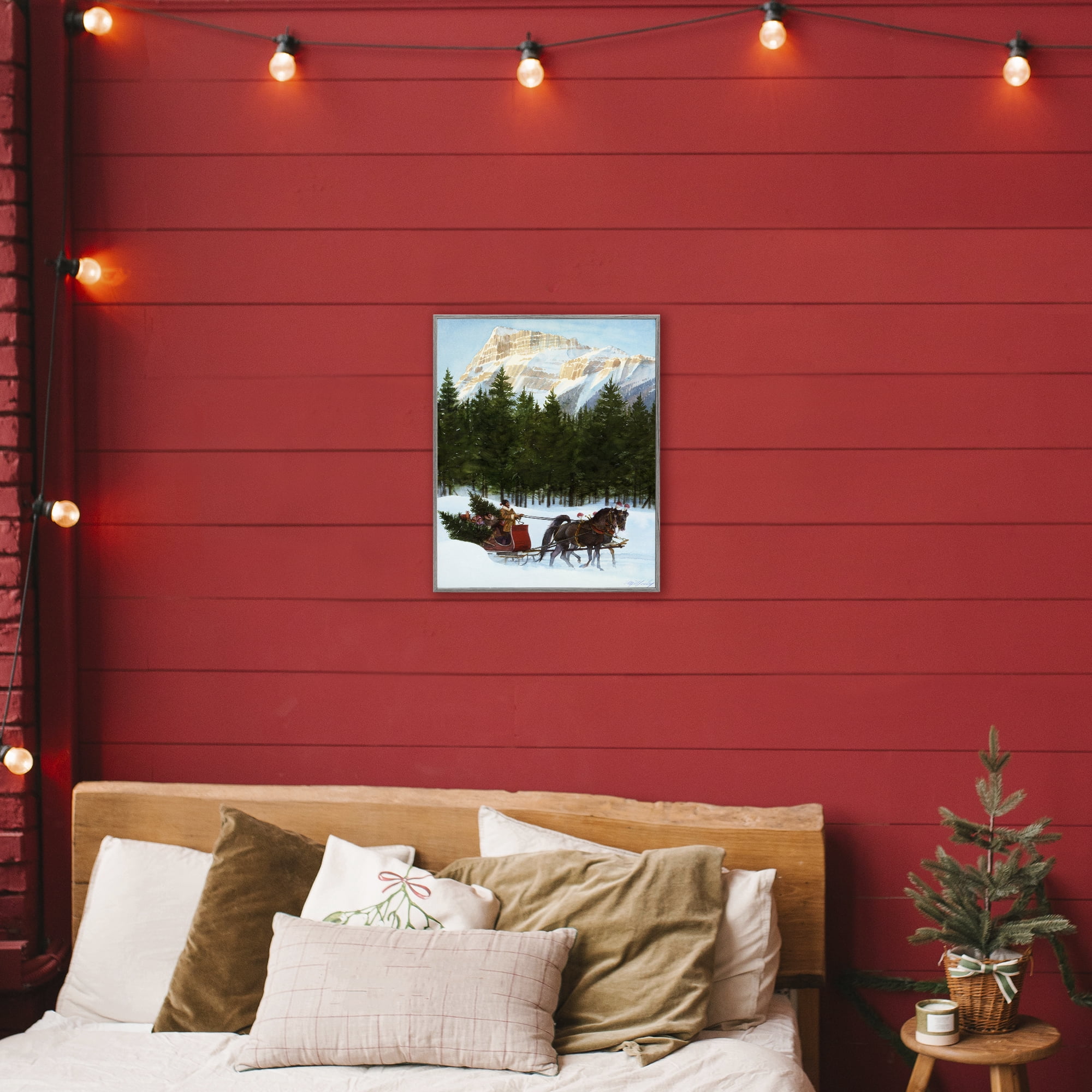 Sleigh Ride Carrying Trees Gray Framed Giclee Art, design by Wind River Studios
