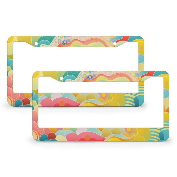 Attractive Bright And Colorful Abstract Pattern License Plate Frame 2 Pieces Modern Artwork Painting Car Tags Frames Holder Gift for Dad 2 Round Holes Metal License Plate Frames