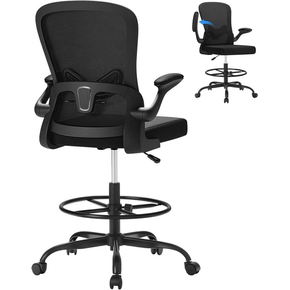 HarmonyStrings Ergonomic Drafting Chair with Flip-up Armrests,Executive Tall Office Chair Standing Chair with Lumbar Support and Adjustable Footrest Ring for Standing Desk(Black)