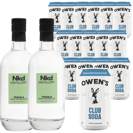 Nkd Distillery Tequila Alternative Premium Non-Alcoholic Spirit 750 ML Bottles w Owen’s Mixers Club Soda 8.2 OZ Cans - Perfect for Mocktails - A