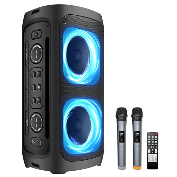 Machine de Karaoké, Système/haut-Parleur de Sonorisation Portable Sans Fil Rechargeable avec 2 Micros Sans Fil, Bluetooth, Radio FM, Lumière de Fête LED, Télécommande Fonction Méga Basses, Poignée Intégrée (2 Micros) (T600)...