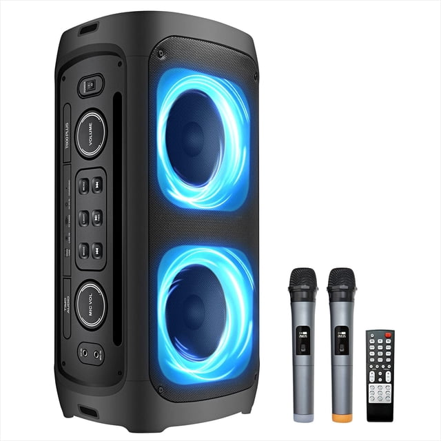 Machine de Karaoké, Système/haut-Parleur de Sonorisation Portable Sans Fil Rechargeable avec 2 Micros Sans Fil, Bluetooth, Radio FM, Lumière de Fête LED, Télécommande Fonction Méga Basses, Poignée Intégrée (2 Micros) (T600)...