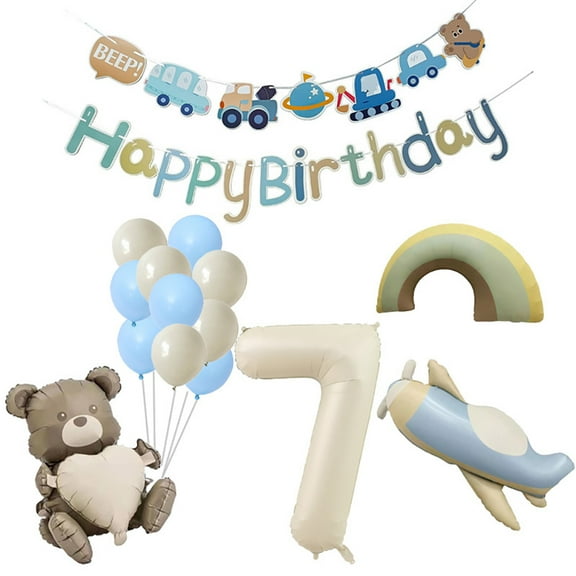 The birthday party balloon set includes number balloons, small bear balloons and airplane balloons.