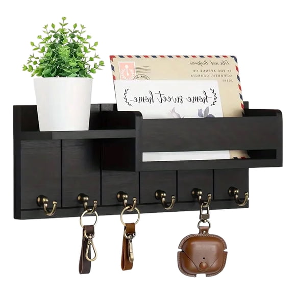 FORICOM Mail Organizer for Wall Mount – Key Holder with Shelf Includes Letter Holder and Hooks for Hallway  Decor – Rustic Wood with Flush Mounting Hardware (12” x 4.7” x 3.1”) (Black)