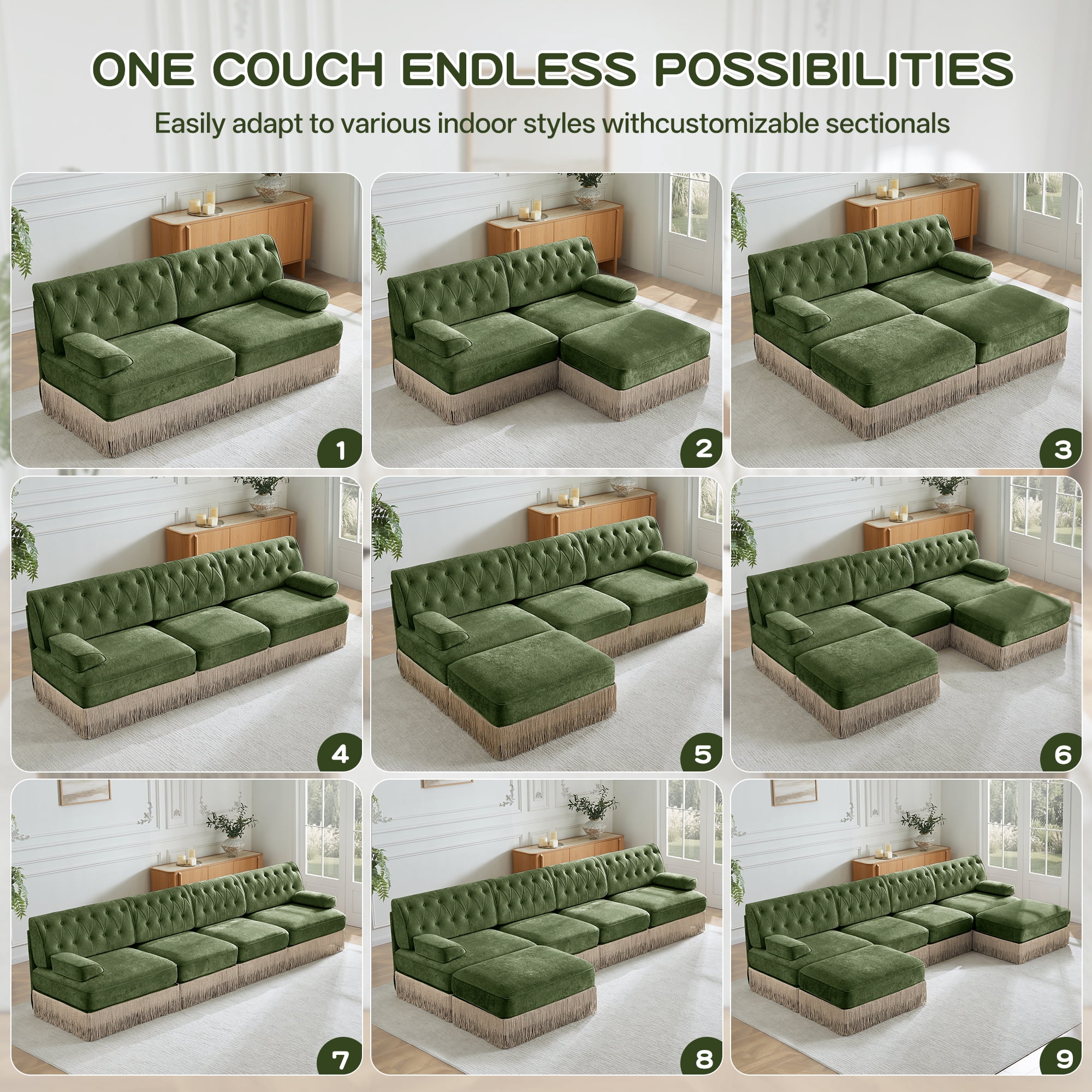 106" Chesterfield 3 Seater U-Shaped Modular Sectional Sofa Set with 2 Ottoman and Tassel Skirt, Easy to Assemble