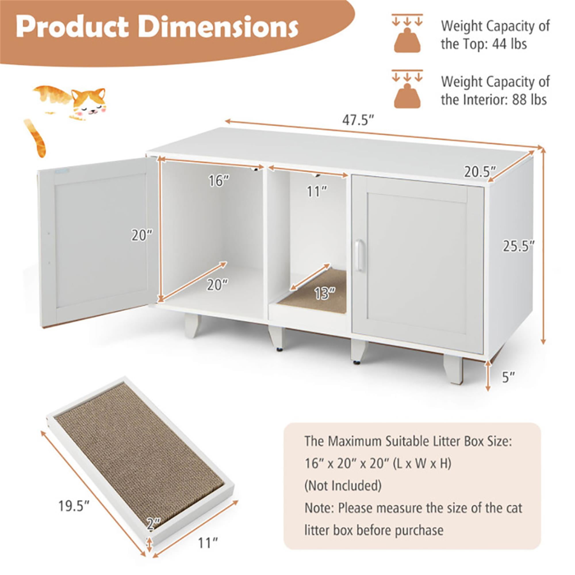 resenkos 47" 2-Door Cat Litter Box Enclosure with Winding Entry and Scratching Board, Hidden Cat House Washroom Furniture, Gray