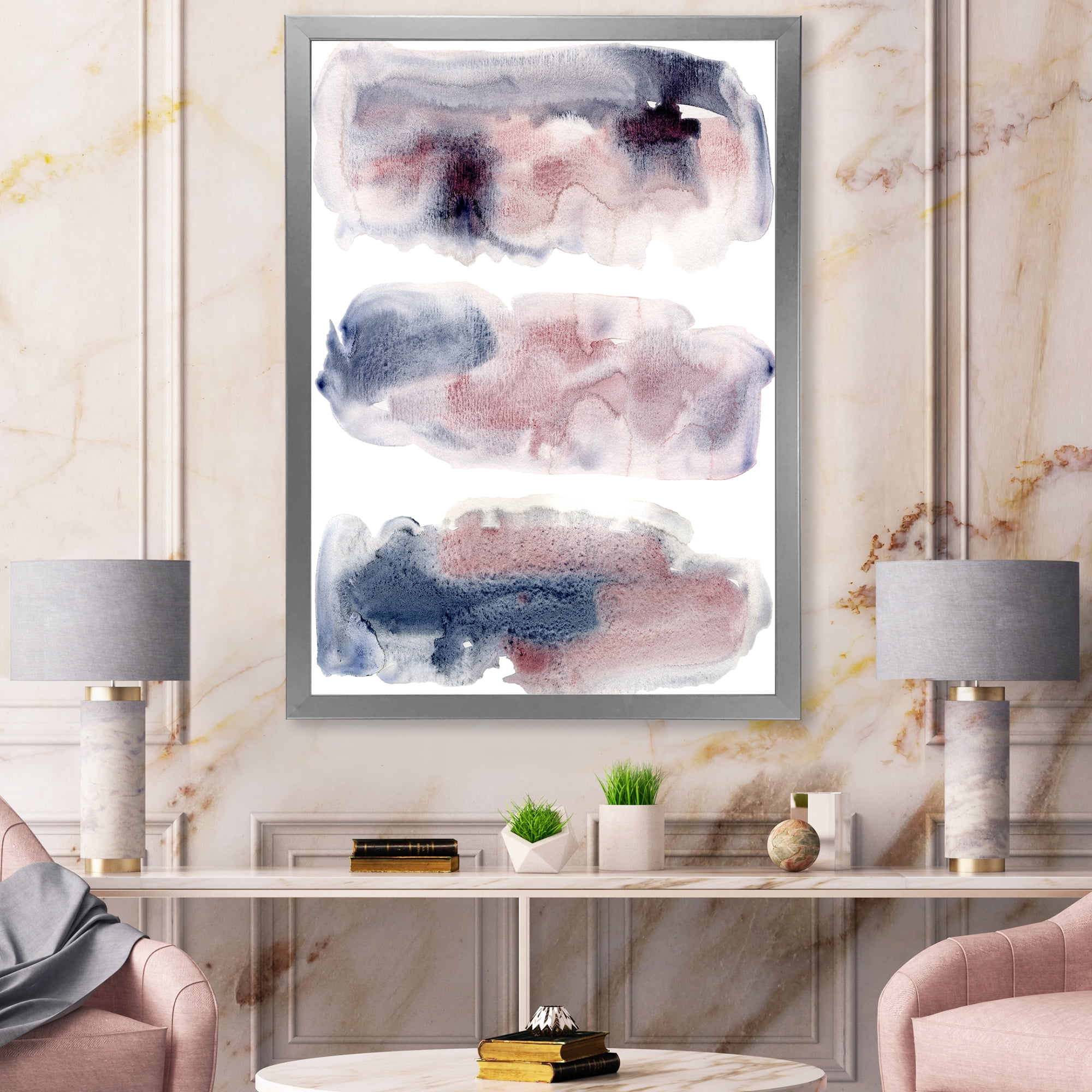 Designart 'Blue and Pink Clouds With Beige Spots I' Modern Framed Art Print