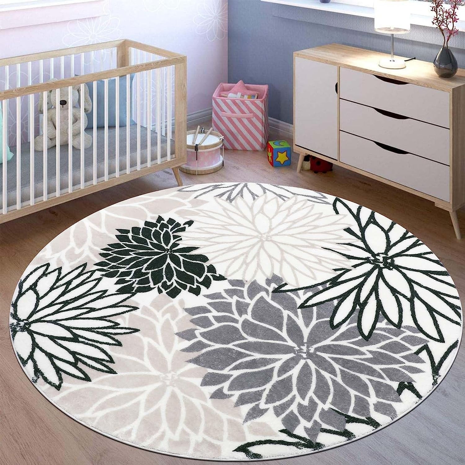 Findosom 4'x4'Round Area Rug,Non Slip Washable Round Rug Boho Area Rug for Living Room,Bedroom,Home Decor,Office,Dining Room,Gray