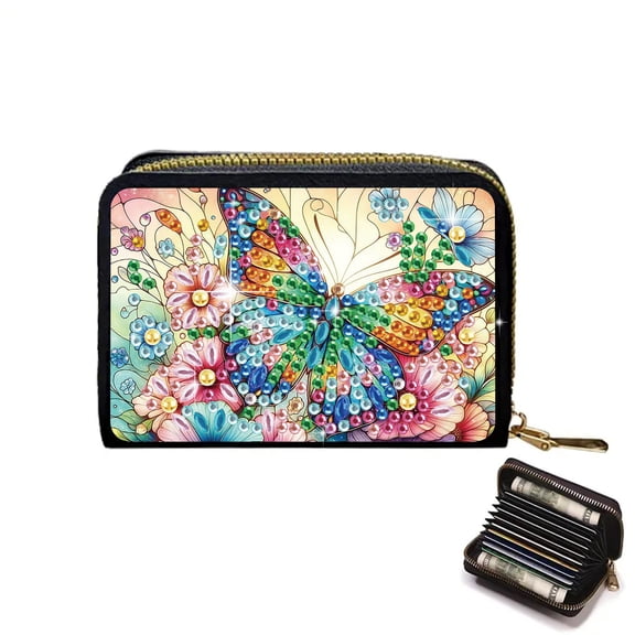 DIY Diamond Painting Kit Card Holder Floral Butterfly Design Portable Card Slot Mini Wallet Creative Gift for Storing Bank Cards and Coins