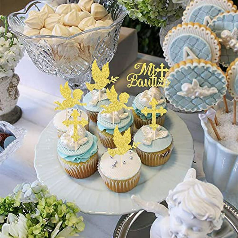 24 Pack Spanish Mi Bautizo Cupcake Toppers with Glitter Cross Angel Dove Baptism  Cupcake Picks Decorations for Religious God Bless Theme Baby Shower Kids  Birthday Christmas Party Supplies Gold 