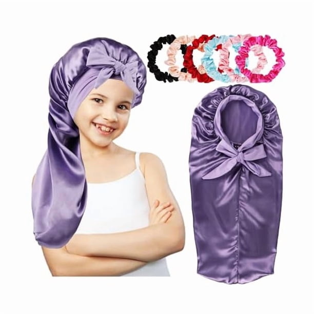 wonima11 Long Kids Bonnets for Girls,Silk Bonnet for Kid Sleeping,Sleep Cap for Braids Long Hair Curly Hair Purple