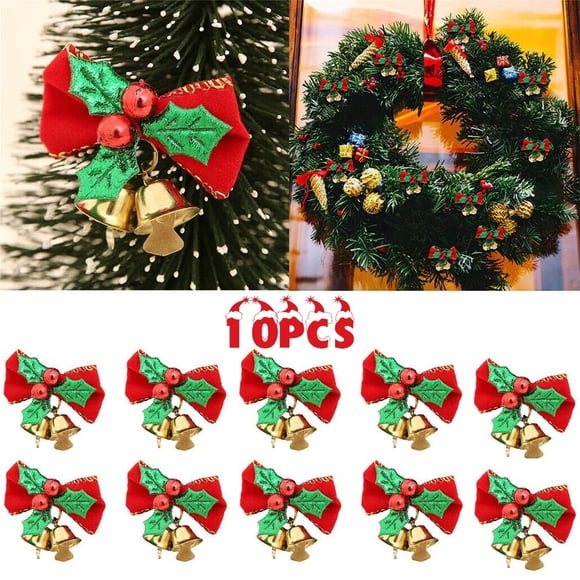 10Pcs Red Fabric Bows With Bells Decorations Christmas Xmas Party Tree Ornament
