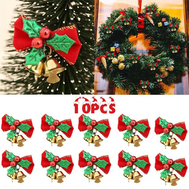 10Pcs Red Fabric Bows With Bells Decorations Christmas Xmas Party Tree Ornament