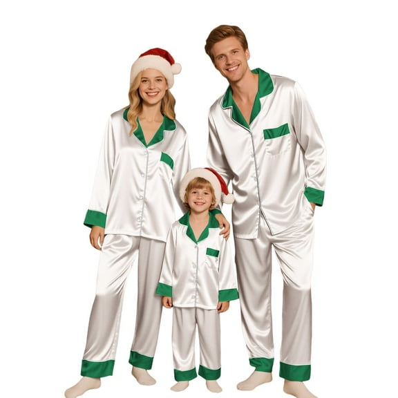 Inglocry Family Christmas Pajamas Matching Sets - Silk Satin Xmas Pjs, Long Sleeve Holiday Casual Sleepwear, Fall Winter Loungewear Men White 3XL