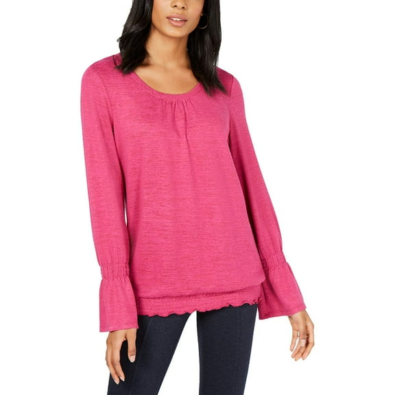 Style & Co. Womens Smocked-Hem Top, Pink, Medium