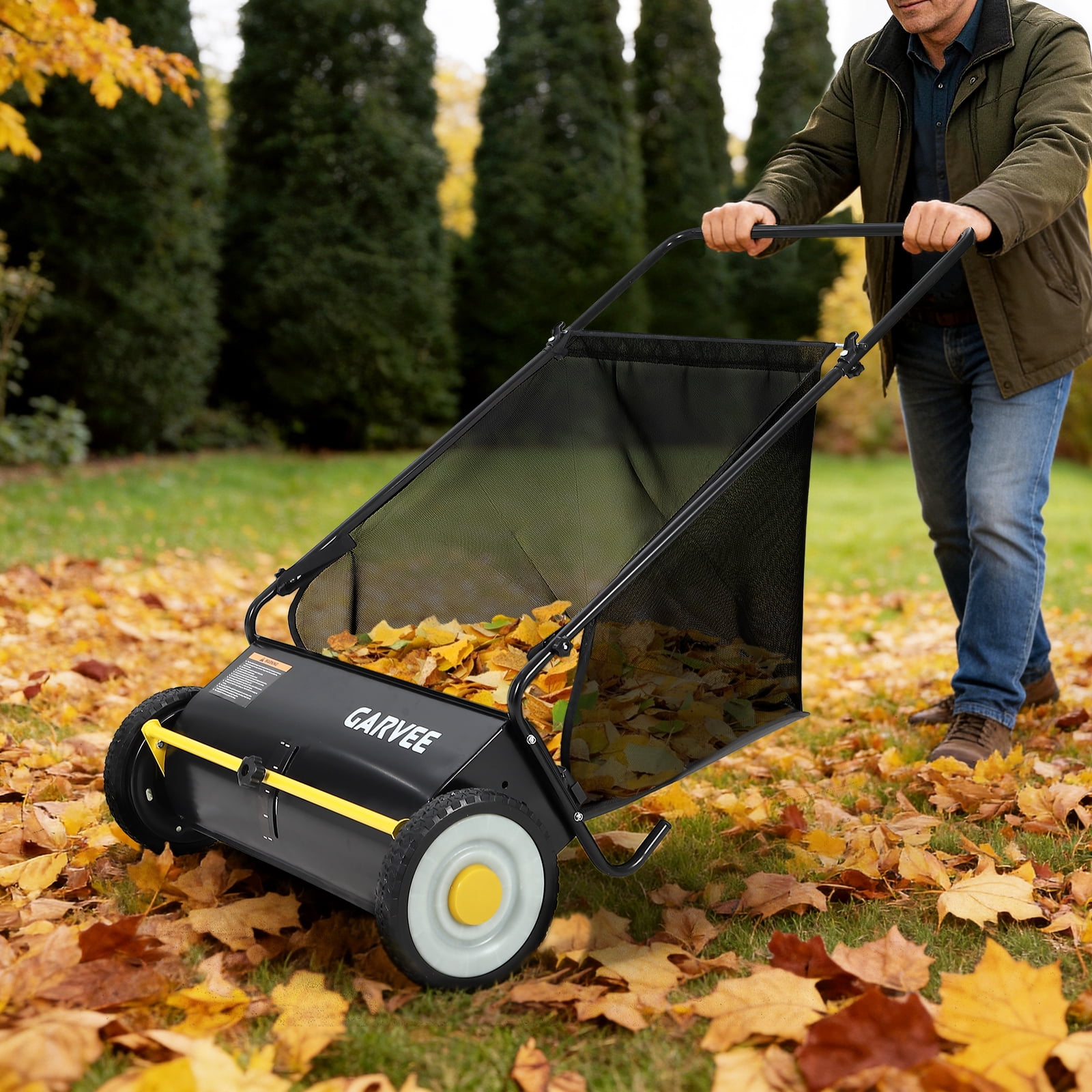 BouPower 26 in Push Lawn Sweeper – 4 Spinning Brushes, 7 Cu. Ft. Large Capacity Collection Bag, Adjustable Height, Durable Steel Frame with Rubber Wheels, for Grass, Leaves & Debris on All Terrains