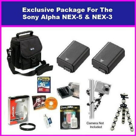 Best Value kit for Sony Alpha NEX-3 & Sony Alpha NEX-5 Package with 16GB Memory Card, 2 spare 1500MAh Batteries, 49MM Protective UV Filter, Carrying Case for Nex Series, Gripster Flexible Tripod (Best Sony Camcorder 2019)
