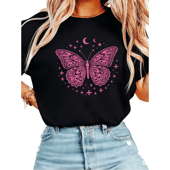 UNISHE Women's Celestial Butterfly Moon Star Graphic Short Sleeve T-Shirt Casual Cotton Crewneck Top