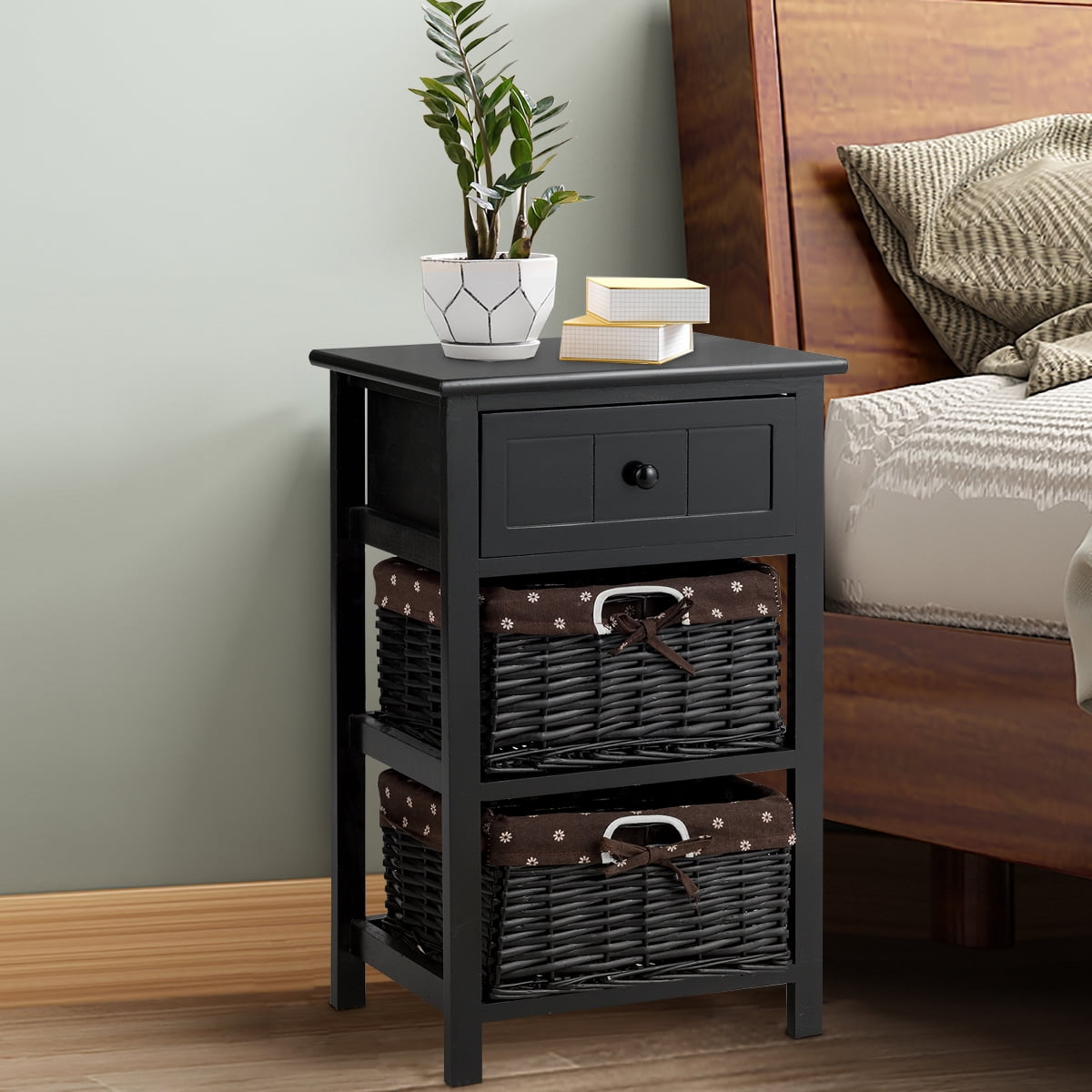 Night Stand 2 Layer 1 Drawer Bedside End Table Organizer Bedroom Wood W Basket Jolash Pl