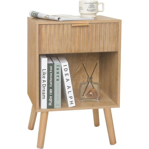 Night Stand with Drawer, Mid Century Nightstand with Storage, Modern Fluted Bedside Table Bedroom Living Room for Small Space, Office (Rustic Walnut)