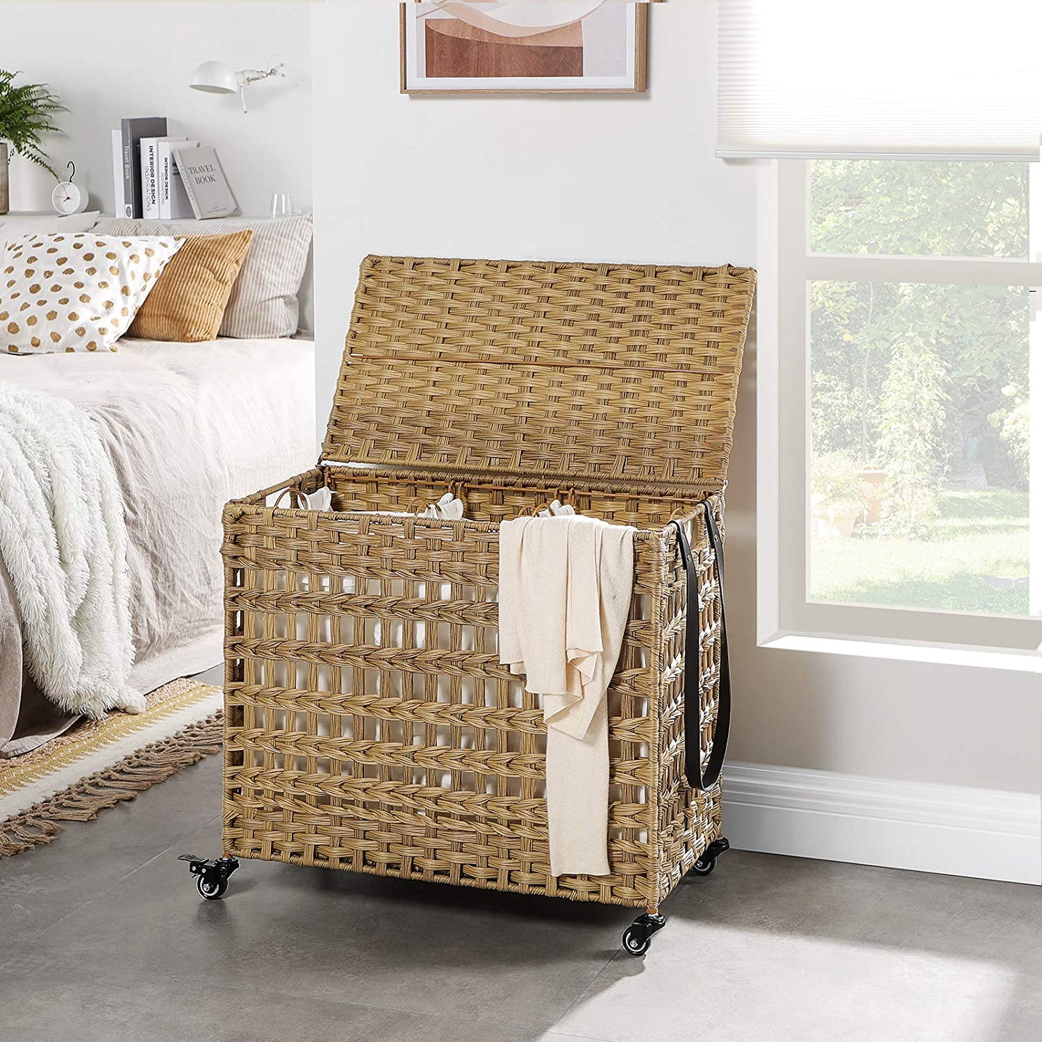 Fiona's magic 140L Large Laundry Basket with Wheels, Laundry Hamper with  Lid and Removable Bags, Dirty Clothes Hamper 3 Section for Bedroom,  Handwoven